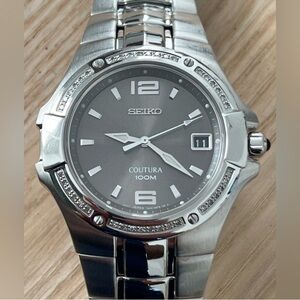 Seiko Coutura Diamonds Rare Watch Gunmetal Gray Dial Stainless Bracelet Date